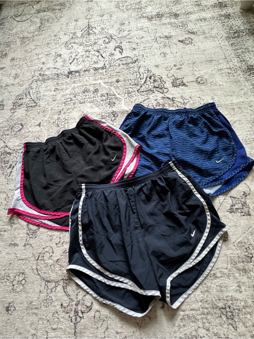Nike Women's Athletic Shorts Trio - Black with Pink Trim, Navy, Blue